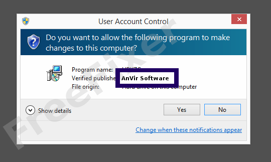 Screenshot where AnVir Software appears as the verified publisher in the UAC dialog